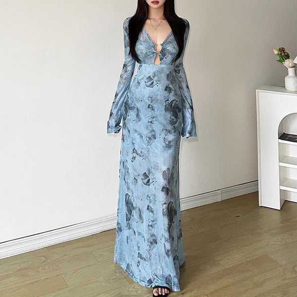 Robe longue à manches longues en maille transparente et col en V | Robe Samba 