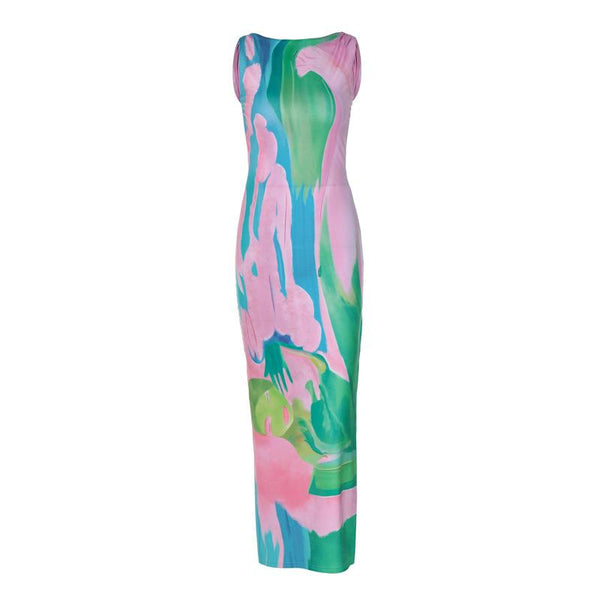 Robe midi sans manches à imprimé contrasté et dos nu 