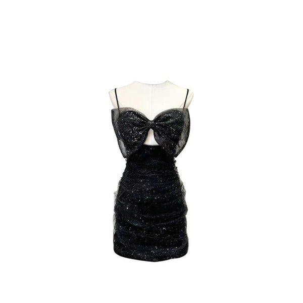 Mini-robe camisole dos nu ajourée avec nœud papillon pailleté 