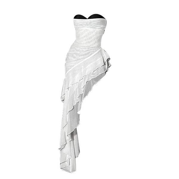 Robe longue irrégulière en maille à volants et col en cœur 