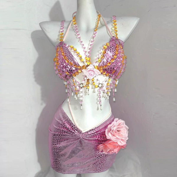 Ensemble mini-jupe à nouer avec imprimé floral et perles 