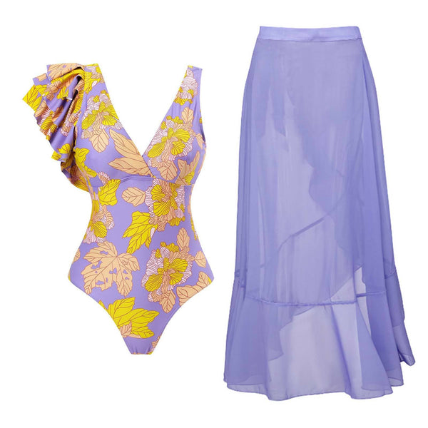 Maillot de bain une pièce à volants irréguliers contrastés et motif feuilles