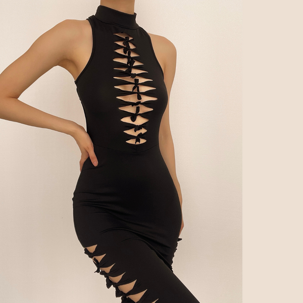 Robe midi nouée sans manches, dos nu, unie et ajourée 
