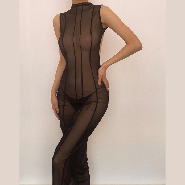 Sleeveless solid sheer mesh see through backless midi dress  | samba dress