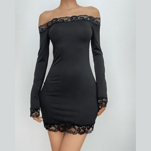 Mini-robe unie à manches longues et ourlet en dentelle 