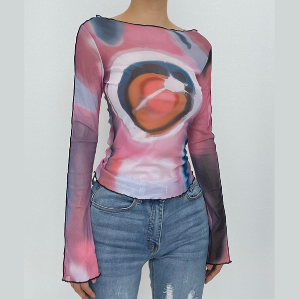 Sheer mesh contrast print crewneck ruffle long sleeve top