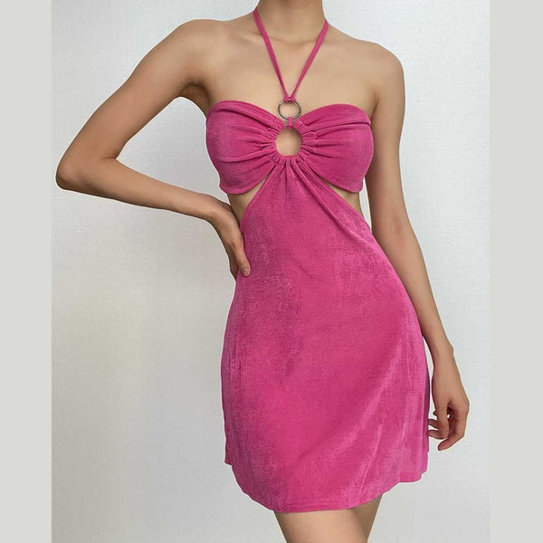 Hollow out solid o ring halter self tie backless mini dress  | red tango dress
