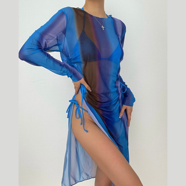 Maillot de bain 3 pièces à imprimé contrasté en maille, manches longues, cordon de serrage, fente, licou