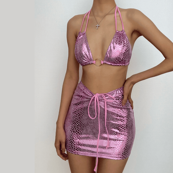 Maillot de bain 3 pièces mini-jupe à nouer avec anneau en O et licou en peau de serpent