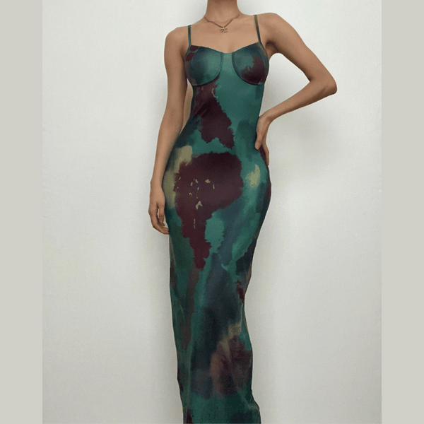 Robe longue camisole dos nu à col en V et imprimé tie-dye contrasté