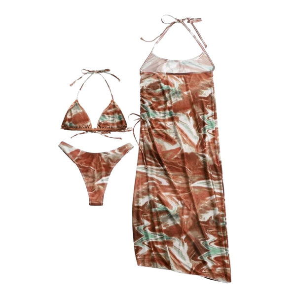 Maillot de bain 3 pièces avec jupe midi contrastée et rembourrée en maille à licou ondulée