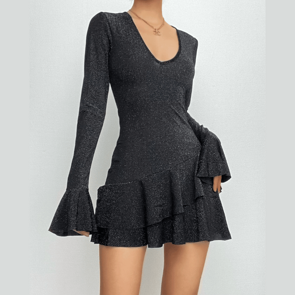Robe courte texturée à col en V, volants irréguliers et manches longues évasées | robe tango rouge 