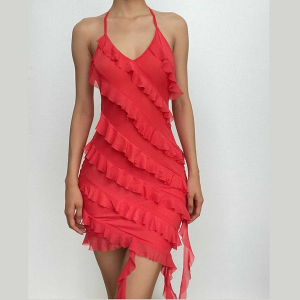 Mini-robe dos nu à volants irréguliers et ruban