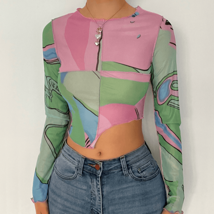 Ruffled see through patchwork irregular long sleeve crop top - Halibuy