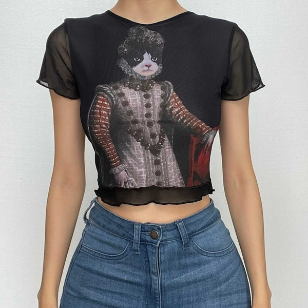 Haut court à volants contrastés et manches courtes à motif chat en maille 