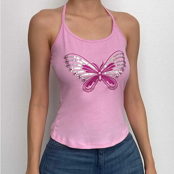 Haut dos nu à motif papillon brodé de paillettes 
