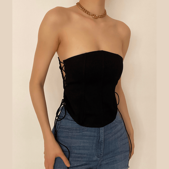 Lace up side solid bustier crop top - Halibuy
