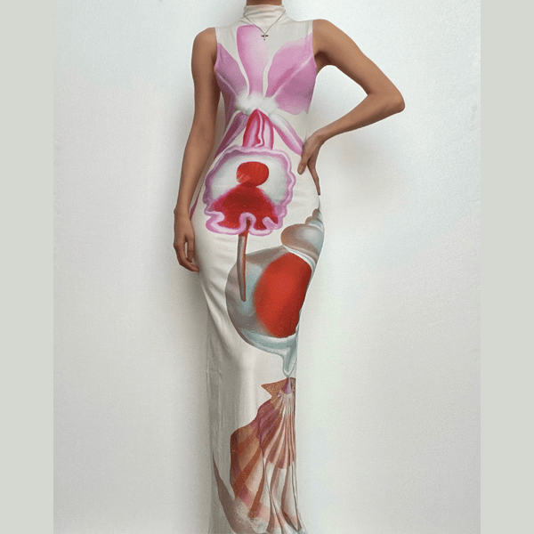 Robe longue fendue sans manches à col haut et imprimé contrasté abstrait 