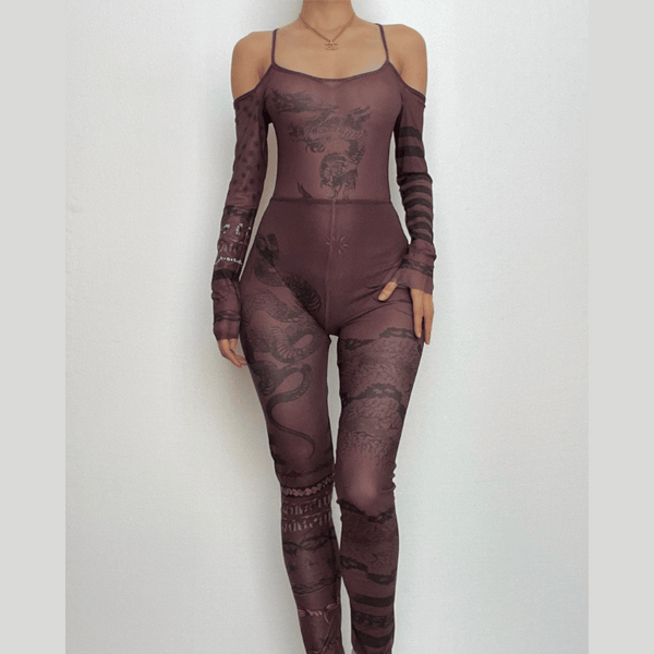 Ensemble pantalon body transparent à épaules dénudées en maille transparente contrastée abstraite