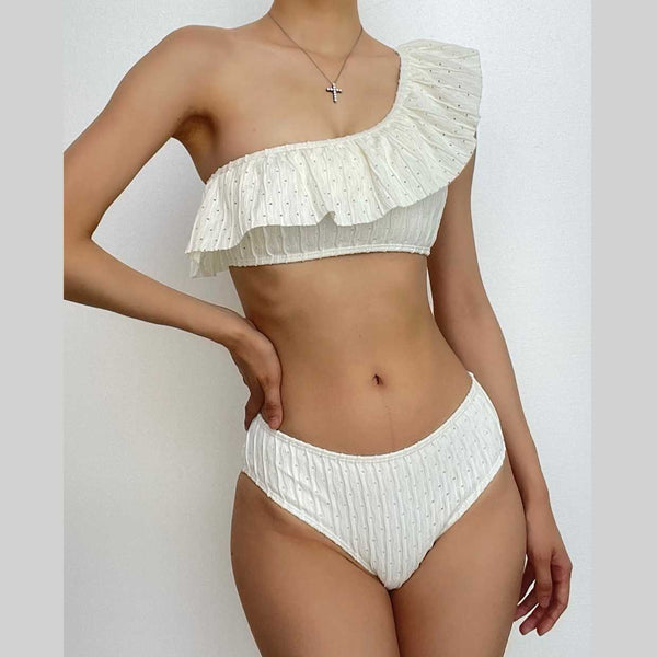 Maillot de bain bikini texturé à volants et épaules dénudées