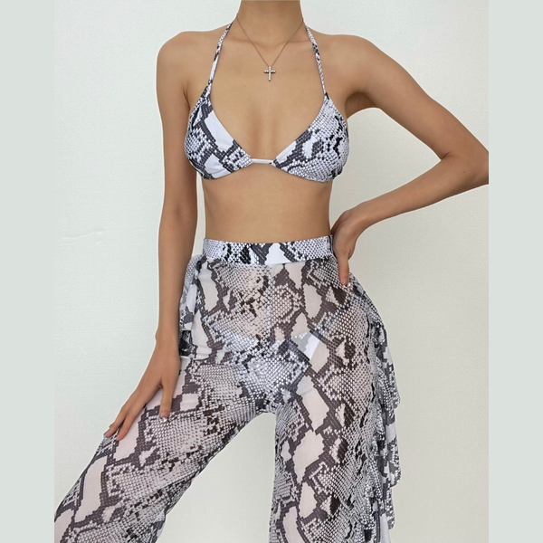 Maillot de bain 3 pièces en maille à volants en peau de serpent, licou, pantalon à nouer soi-même