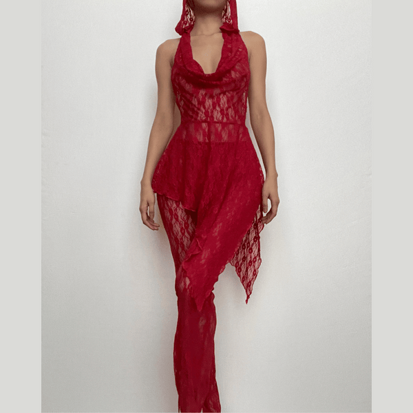 Ensemble pantalon à capuche et col bénitier en dentelle transparente et irrégulière