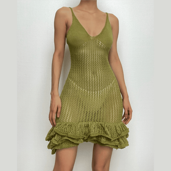 Crochet v neck sleeveless hollow out ruffle mini dress  | red tango dress