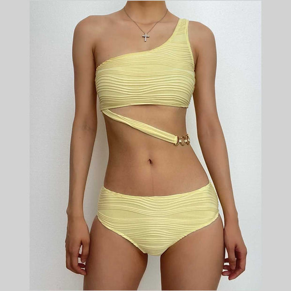Maillot de bain bikini asymétrique à chaîne métallique irrégulière et solide