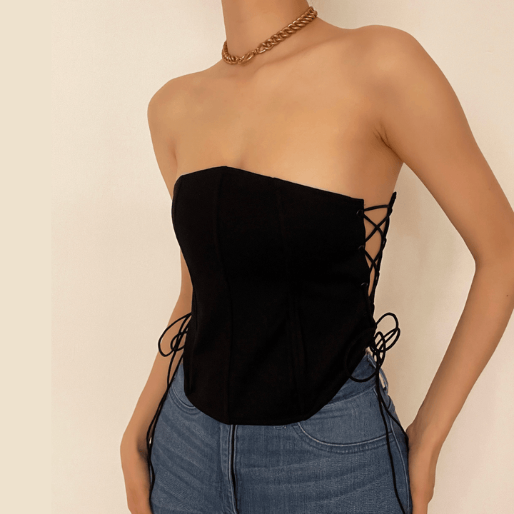Lace up side solid bustier crop top - Halibuy