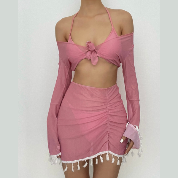 Maillot de bain 4 pièces uni, rembourré, froncé, avec ceinture à nœud papillon et licou
