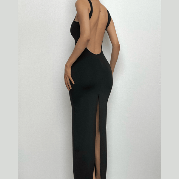 Robe midi fendue sans manches à col rond et dos nu uni