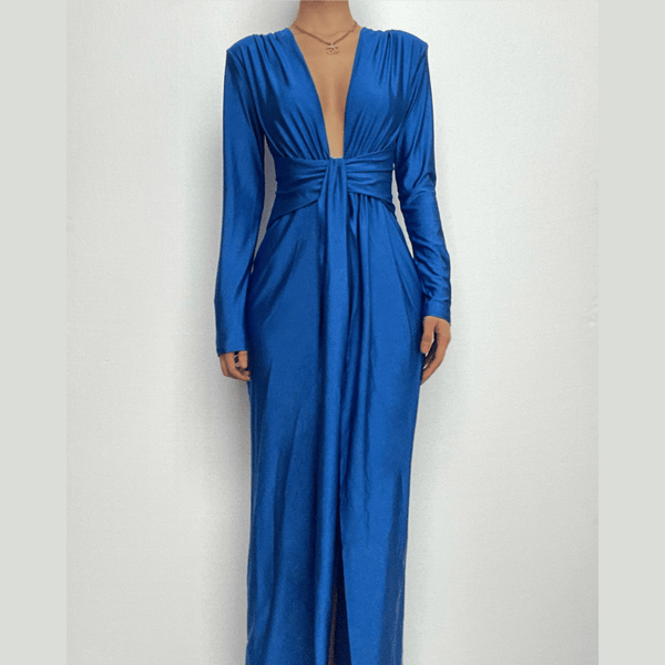 Long sleeve v neck ruched slit solid irregular maxi dress  | red tango dress