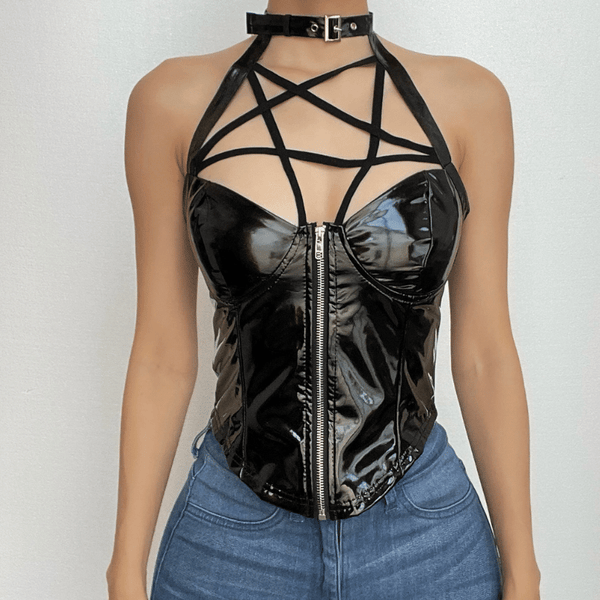 Haut corset dos nu en cuir PU avec fermeture éclair et boucle