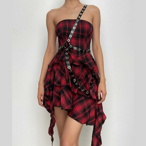 Ruffle plaid zip-up irregular one shoulder backless mini dress  | red tango dress