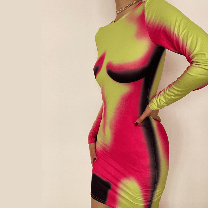 Long sleeve crewneck body print mini dress - Halibuy