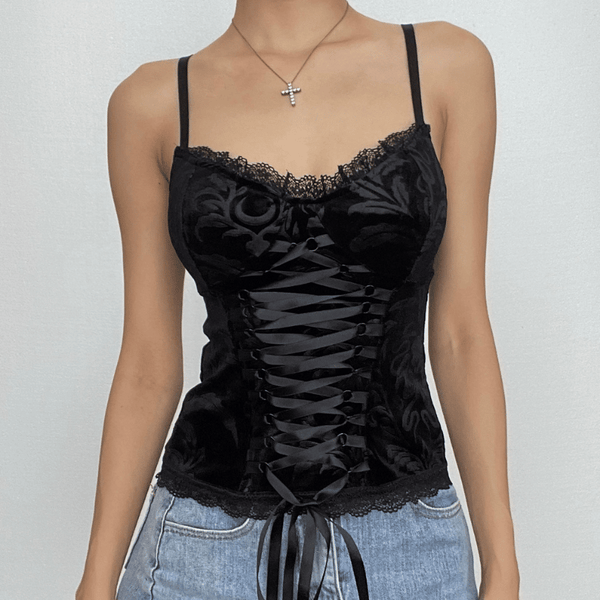 Haut caraco à lacets en velours et dentelle avec ourlet en V