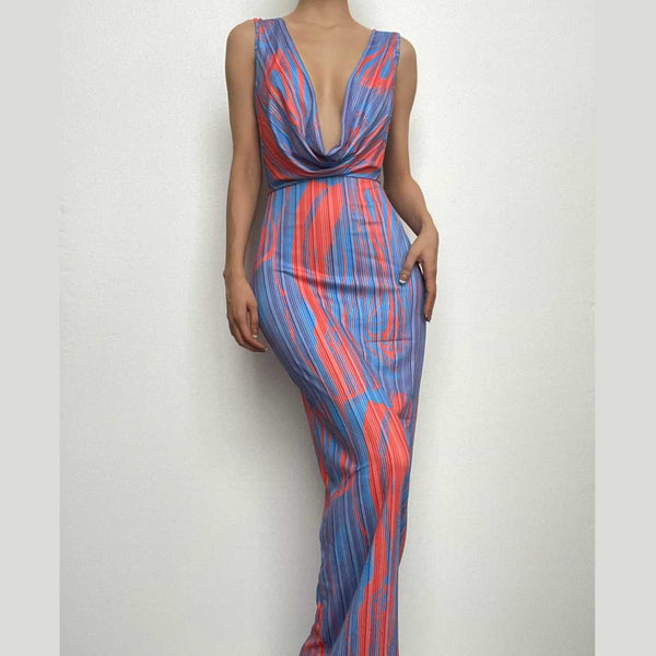 Contrast print cowl neck sleeveless backless maxi dress  | red tango dress