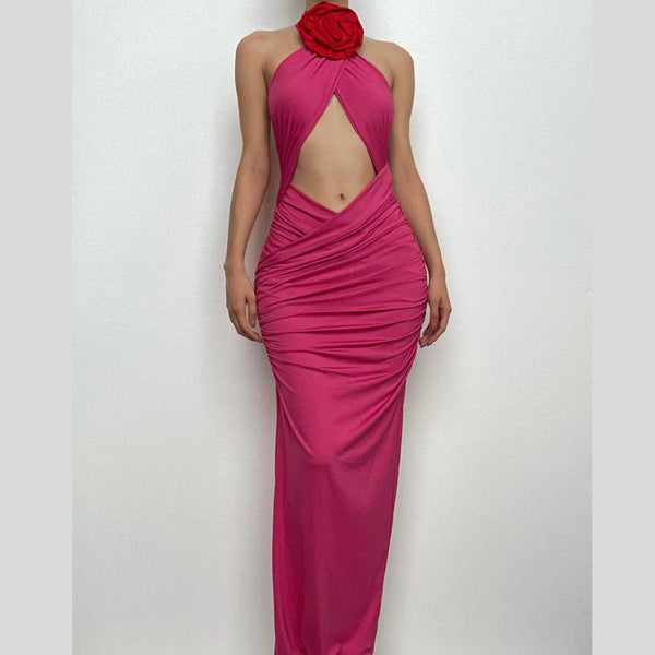 Ruched halter flower applique hollow out cross front contrast maxi dress  | red tango dress  | black rave dress
