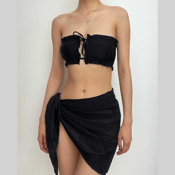 Maillot de bain 3 pièces froncé à nouer soi-même, dos nu, couleur unie