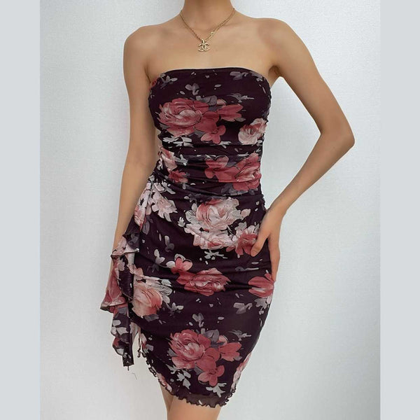 Robe mini tube dos nu à volants contrastés et imprimé floral en maille