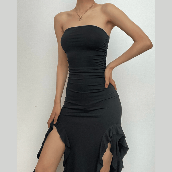 Robe mi-longue tube à volants irréguliers et fentes unies, dos nu | robe tango rouge 