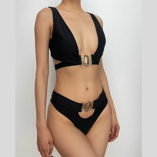 Maillot de bain bikini sans manches à col en V et appliques métalliques 