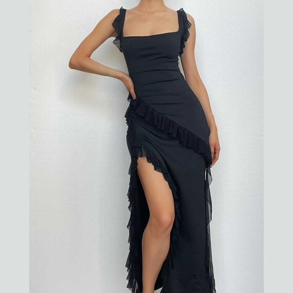 Ruffle cap sleeve slit square neck irregular solid maxi dress  | red tango dress