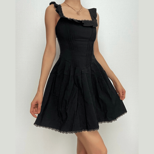 Robe courte plissée unie à manches courtes, col carré et volants, avec fermeture éclair 