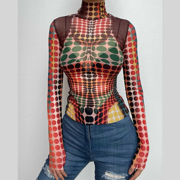Haut thermique à manches longues et col haut en maille transparente à pois contrastés 