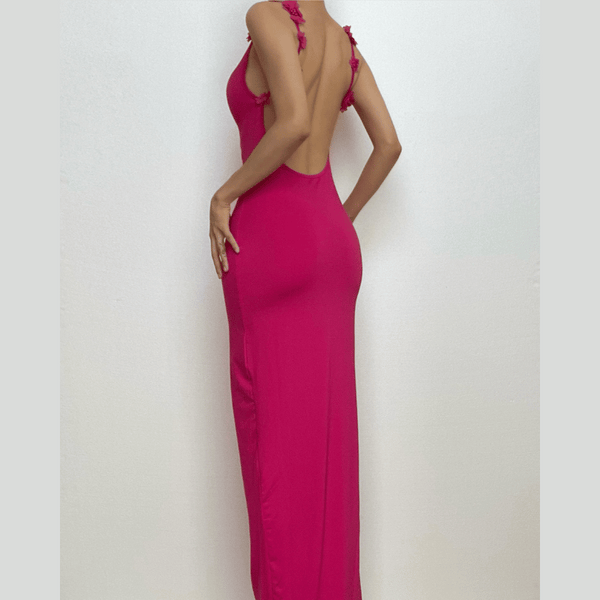 Flower applique cowl neck backless solid maxi dress  | red tango dress