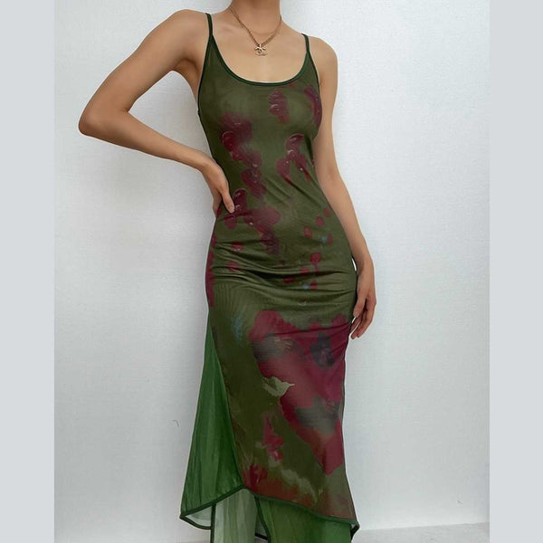 Robe longue camisole dos nu à col en U et patchwork contrasté en maille