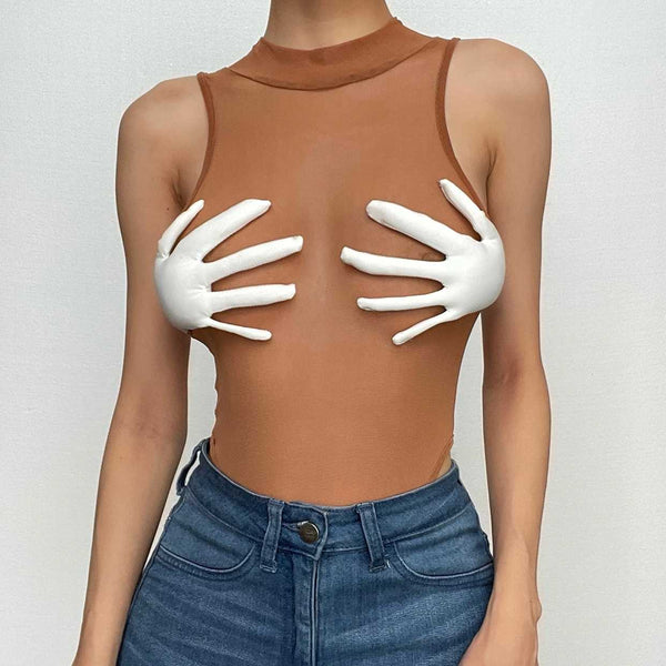 Body contrasté sans manches à col montant et appliqué palmier