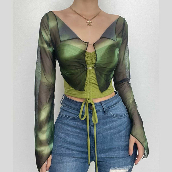 Haut court 2 pièces en maille tie-dye avec cordon de serrage et manches évasées