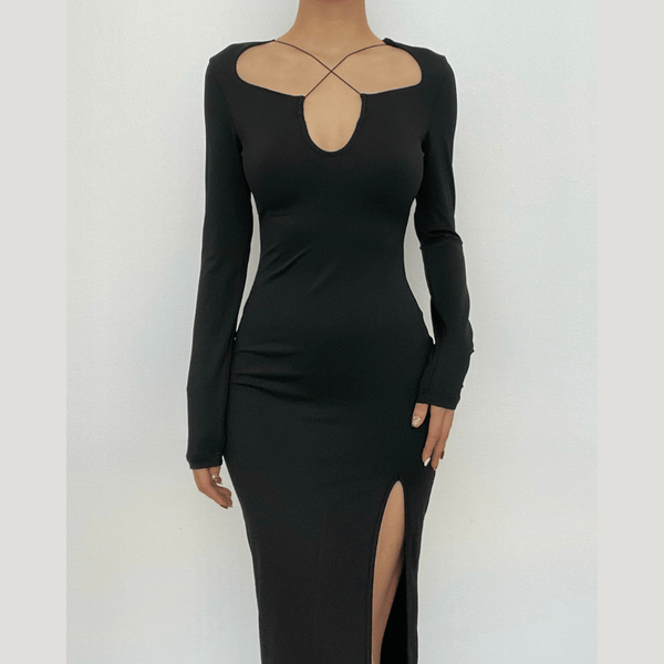 Cross front long sleeve slit notch neck solid midi dress  | black rave dress  | black rave dress